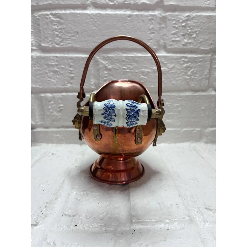 Small Copper Coal Scuttle Bucket Lion Heads Porcelain Handle Made in Ireland
